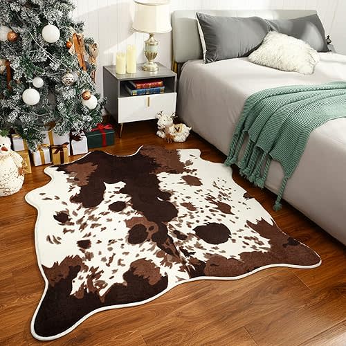 Cow Print Rug, Cute Area Rug for Living Room Bedroom Nursery Room, Super Soft Non-Slip Faux Animal Print Carpet for Kids, Suitable for Western Room Decor, Brown and White, 4.6x5.2 Feet