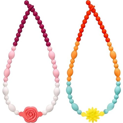 Teething Necklace for Baby, One-Piece Safety Design for Toddler, Chew Necklaces for Sensory Kids Adults with Autism, ADHD, Fidget, Biting, Anxiety - Flower Chew Jewelry Toys for Teething Relief