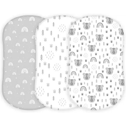 TansyPanda Bassinet Sheets for Halo Bassinest Swivel, Flex, Glide, Premiere and Luxe Series Sleeper, Pack of 3, 33 X 17 Inch, Ultra Soft and Snug Fit, Unisex Boys Girls, Gray White (Woodland Rainbow)