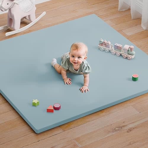 Baby Play Mat for Floor, 50x50 Vegan Leather Playpen Mat, Thickened Foam Cushioned Mat for Infants and Toddlers, Waterproof, Non-Slip & Stylish Playmat for Babies, Easy to Clean, Blue