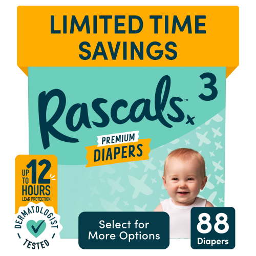 Rascals, Baby Diapers, Size 3, 88 Count with Leak Protection