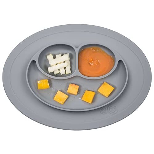 ez pz Mini Mat for 6 Months+ (Gray) - 100% Silicone Baby Plates with Suction and Built-in Placemat for Infants + Toddlers - Baby Led Weaning - For Highchair, Dining Table and Travel