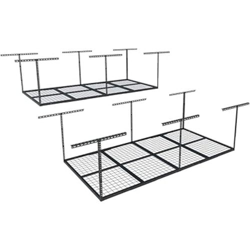 FLEXIMOUNTS 4x8 Overhead Garage Storage Rack, Adjustable Organization System, Heavy-Duty Metal Ceiling Racks, 2 pack, Black