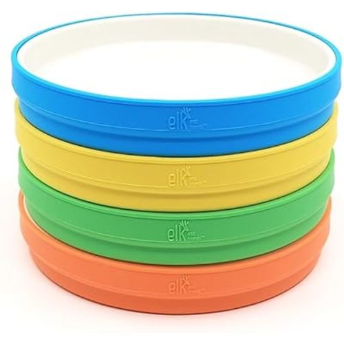 Elk and Friends Kids 7.8” Porcelain White Plates with Silicone Sleeves | Suitable for Kids/Toddlers | Microwave & Dishwasher Safe | Non Slip | Snack Dishes