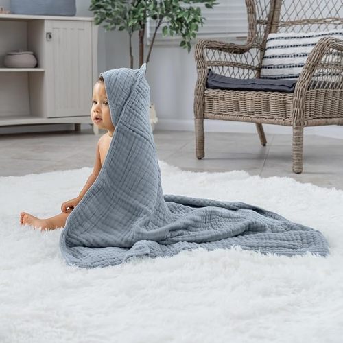 Comfy Cubs 2 Pack Baby Hooded 9 Layer Muslin Cotton Towel for Kids, Large 32” x 32”, Ultra Soft, Warm, and Absorbent. Baby Essentials Bath Towels, Cute Unisex for Girls and Boys (2 Pack, Pacific Blue) - Pack of 2 - Baby