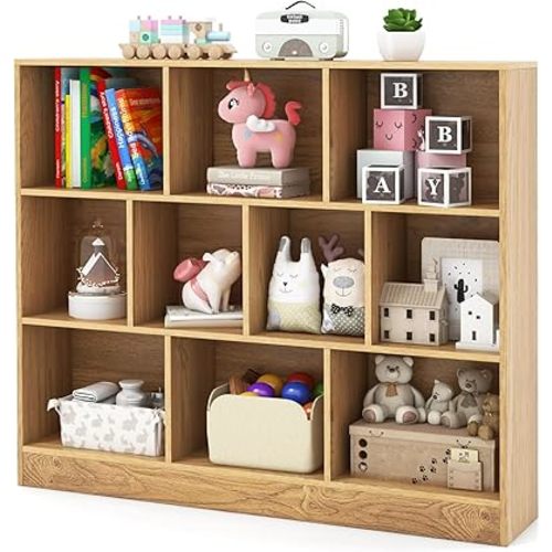 HONEY JOY Kids Toy Storage Organizer, 10-Section Wooden Floor Storage Cabinet, 41” Daycare Toy Chest, 3-Tier Kids Display Bookshelf for Classroom, Playroom & Nursery, Kindergarten (Natural)