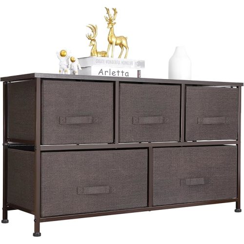 SUPER DEAL Wide Dresser for Bedroom with 5 Drawer, Fabric Chests of Drawers Storage Drawers Organizer for Kids Toys Closet TV Stand Nursery Hallway Heavy Duty Steel Frame, Wood Top Espresso