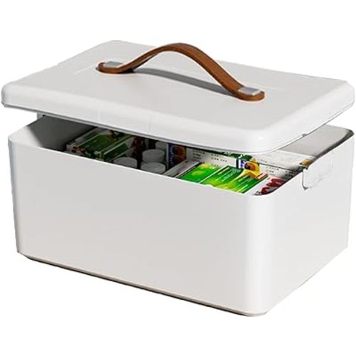JWShang Medicine Storage Box with Leather Handle Portable Partitioned Medicine Cabinet with Moisture-Proof Empty First Aid Kit Organizer for Home, Dorm, Office, Travel