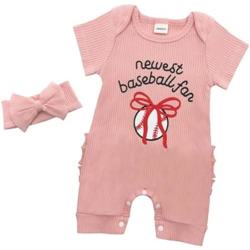 Baby Girl Baseball Fan Outfit Short Sleeve Romper with Bow Headband Set Infant Cute Baseball Pink Clothes Newborn