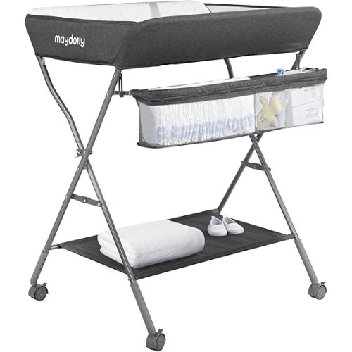 Baby Changing Table with Wheels, Maydolly Portable Adjustable Height Folding Diaper Station with Nursery Organizer & Storage Rack for Newborn Baby and Infant (Dark Grey)
