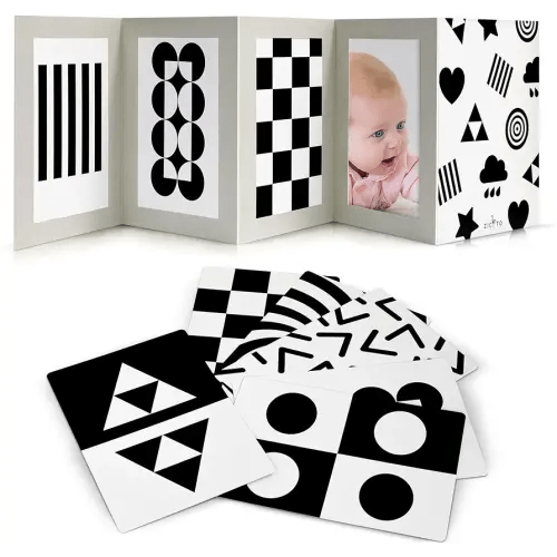 High Contrast Tummy Time Toy For Baby With Large Black and White Cards - Stimulating Sensory Development Boards & Mirror For Babies & Infants 0-3 Months - Twelve Montessori Patterns That Newborns Love