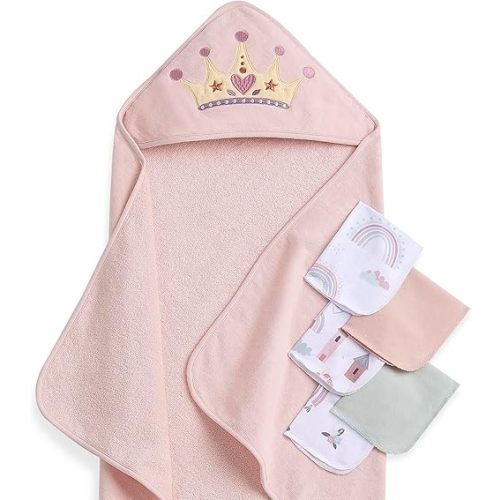 Evolur Enchanted Dreams 6 pc Baby Gift Set, Includes Hooded Towel & 5pc Wash Cloths, Soft and 100% Cotton Woven, for Newborn, Infants and Toddlers 0-9 Months