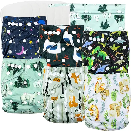 Leekalos Cloth Diapers Reusable for Boys and Girls, Baby Diaper Cloth with Inserts & Wet Bag One Size (Wild Animals)