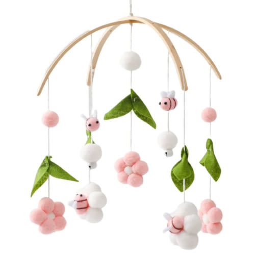 OESSUF Baby Mobile for Crib, Crib Nursery Mobile for Boys Girls, Boho Bee Flower Nursery Decor Soothe Toy Baby Shower Set for Infant Bedroom Hanging Decoration Toy, Pink