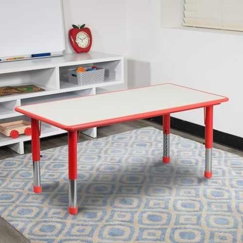 EMMA + OLIVER Adjustable Kids Activity Table for Home Use, Height-Adjustable Classroom Table for Kids, 23.625" W x 47.25" D x 14.5-23.5" H, Red