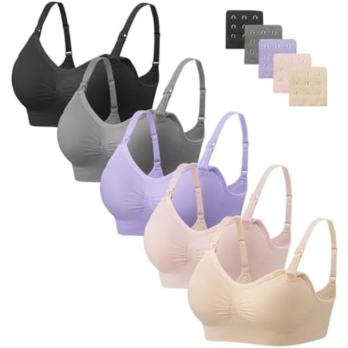 Angelhood Nursing Bra 5 Pack Womens Maternity Breastfeeding Bra Seamless Wireless Sleep Bra with Bra Extenders