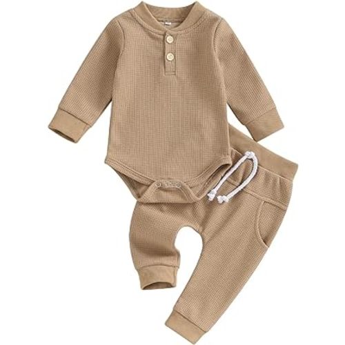 Kuriozud Newborn Baby Boy Clothes Button Long Sleeve Romper Bodysuit Pants Set Infant Soft Waffle Fall Winter Outfit