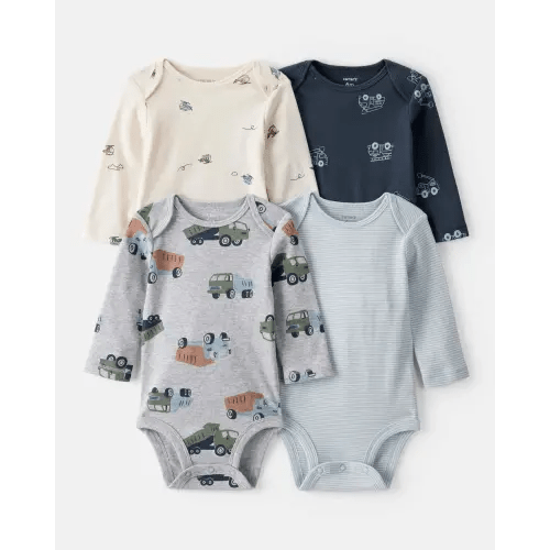 Baby Boy 4-Pack Construction Print Long-Sleeve Multipack Bodysuits - White/Navy Blue | Carter's