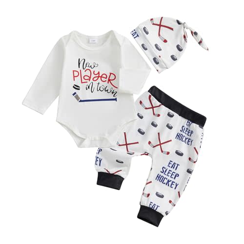CREAIRY 3Pcs Newborn Baby Boy Hockey Outfit Letter Long Sleeve Romper Shirt Pants Set +Hat Coming Home Outfit Fall Clothes