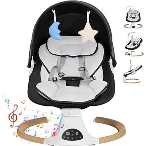 Electric Baby Swing, Baby Swings for Newborn, Wooden-textured Metal Frame, 5 Speeds Infant Swing, Remote Control and Timer, Preset Music, Bouncer and Rocker for Babies, Black