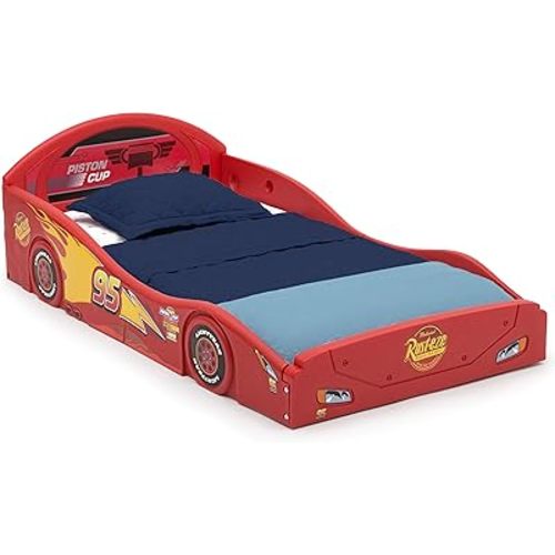 Delta Children Disney Pixar Cars Lightning McQueen Race Car Sleep and Play Toddler Bed with Attached Guardrails