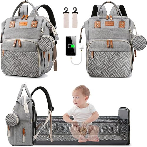 3 in 1 Diaper Bag Backpack with Changing Station Portable Baby Bed Back Pack with USB Charge Maternity Diaper Bag Grey