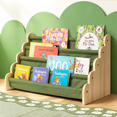 Solfres Scalloped Kids Wooden Bookshelf, 4-Tier Montessori Front-Facing Book Storage Display for Toddlers, Toddler Bookshelf Organizer for Nursery & Playroom, Kids Room Decor, Sage Green