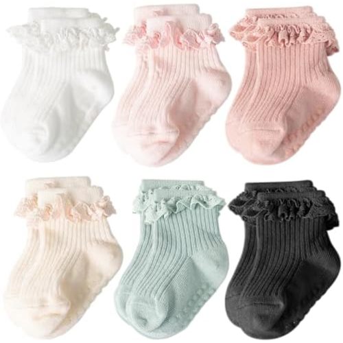 AQOKKA Baby Girl Toddlers Socks with Non-slip Grip Cute Frilly Ruffle Ankle Soft Cotton Newborn Baby Socks for Infant Kids