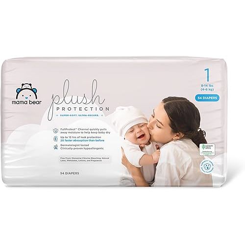 Amazon Brand - Mama Bear Plush Protection Diapers - Size 1, 54 Count, Hypoallergenic Premium Disposable Baby Diapers