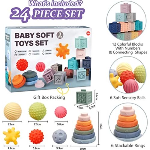 Montessori Toys for Babies,Soft Stacking Building Blocks Rings Balls Sets,3 in 1 Baby Toys Bundle,Sensory Toys for 6-12 Months, Soft Teething Toys for Babies,Baby Toys Gifts for Boy Girl - 3 IN 1 Set-2