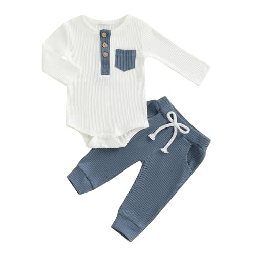 fhutpw Baby Boy Clothes 3 6 12 18 Months Ribbed Knitted Long Sleeve Romper and Pants Sets Newborn Fall Splicing Color Outfits