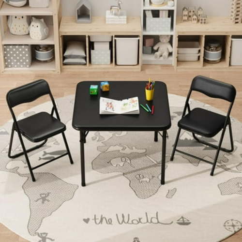 Huloretions Kids Table And Chairs Set,Children' Folding Activity Table and Chairs with Pu Soft Cushion,3-Piece set Square Table And Chair for Daycare and Classrooms