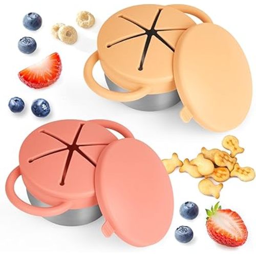 Daximo 2 Pack Snack Cups for Toddlers Spill Proof - Detachable Stainless Steel Toddler Snack Cups with Silicone Lids & Handles - Dishwasher Safe Baby Snack Containers (Orange and Yellow)