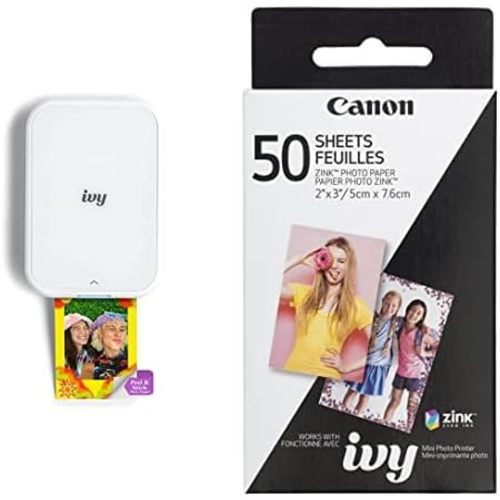 Canon IVY 2 Mini Photo Printer, Print from Compatible iOS & Android Devices, Sticky-Back Prints, Pure White + Canon ZINK Photo Paper Pack, 50 Sheets