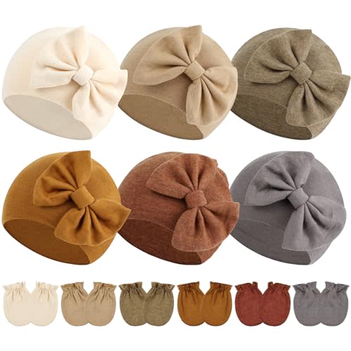 Cinaci 6 Sets Bow Turban Hats Nursery Caps Bonnets with No Scratch Mittens Gloves for 0-6M Baby Girls Newborns Infants