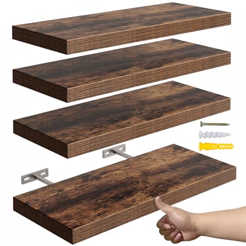 YUFLINX 16’’Rustic Brown Floating Shelves for Wall,Rustic Wood Shelf for Room Decor/Storage/Display,Small Bookshelf,Wall Mounted Hanging Shelves for Bedroom, Bathroom, Living Room, Kitchen,Set of 4
