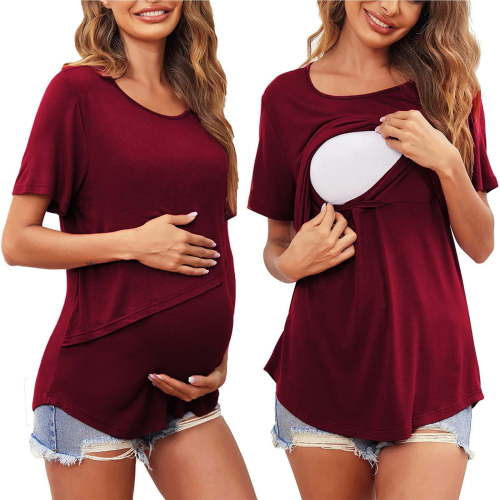Sodopo Maternity Outfits Womens Nursing Solid Color Round Neck Short Sleeve Round Neck Breastfeeding Blouse