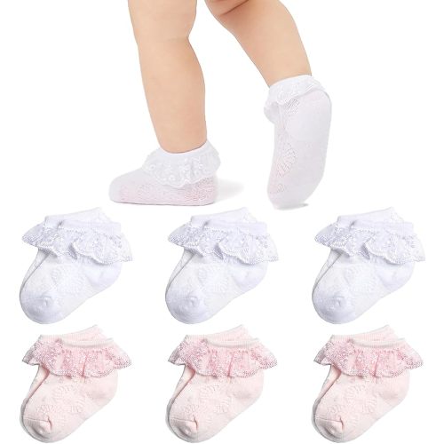 Mini angel Baby Lace Socks Infant Girls Eyelet Lace Ruffle Frilly Ankle Socks Soft Cotton Dress Socks with Box Gift Set,6 Pairs,White/Pink,3-6 Months