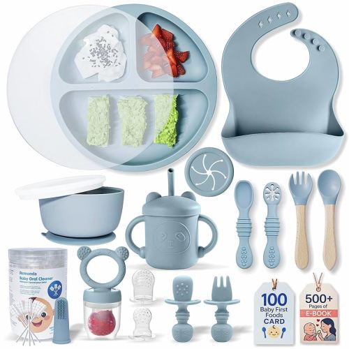 BPA-Free Silicone Baby Feeding Set | Extra Large Suction Plates, Toddler Bowls, Self Feeding Utensils, and More | Dishwasher Safe| Baby Led Weaning Supplies (Blue)