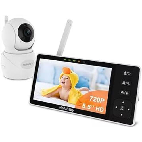 HelloBaby 720P 5.5'' HD Video Baby Monitor No WiFi, Remote Pan Tilt Zoom Baby Monitor with Camera and Audio Wide View Range, 1080P Camera, Night Light, Hack Proof, 4000mAh Battery, Time&Clock