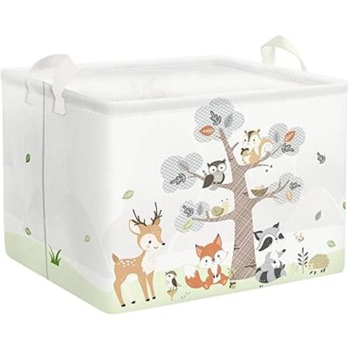 Clastyle 36L Large Woodland Animal Tree House Baby Basket Rectangle Deer Fox Squirrel Shelf Basket with Handle Collapsible Book Toy Clothes Towel Nursery Storage Basket