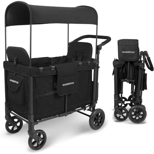 WONDERFOLD W2 Original + Stroller Wagon (2 Seater) - Collapsible Wagon Stroller with Seats with 5-Point Harnesses, Easy-Access Door, and Adjustable Sun Canopy, Black