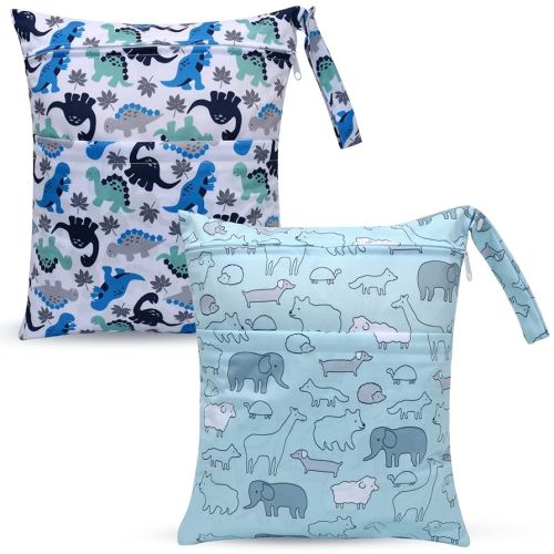 2pcs Cloth Diaper Wet Dry Bags Waterproof Reusable with Two Zippered Pockets Travel Beach Pool Daycare Soiled Baby Items Yoga Gym Bag for Swimsuits or Wet Clothes-Cute Animal,Dinosaur