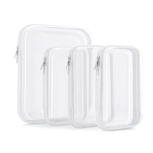 4 Pcs Clear Hard Shell Zipper Case for Storage – Stackable Waterproof Zipper Pouches Hard Shell for Toiletries, Travel, Diaper Bag Organizing, Cosmetic Bag (M+3S)