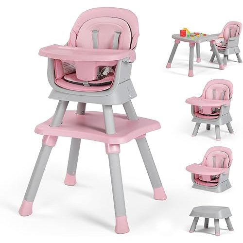 Kinder King 8 in 1 Baby High Chair, Coverts to Dining Booster Seat/Kids Table & Chair Set/Toddler Building Block Table/Kids Stool, Removable Tray & Double Seat Cover, Easy to Wipe, Pink