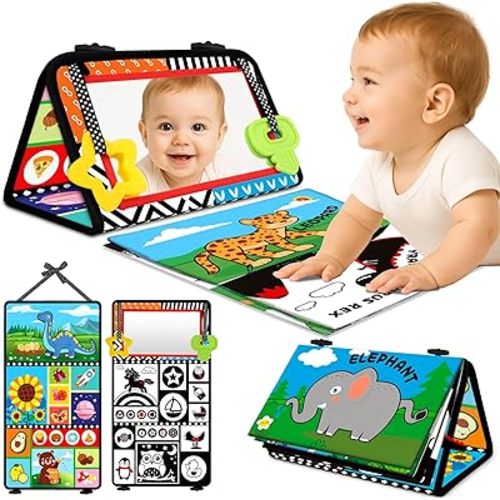Baby Toys 0-6 Months - Tummy Time Toy Black and White High Contrast Newborn Toys - Baby Mirror with Cloth Book Teether - Montessori Sensory Crinkle Toy for Infant 0-3-6-12 Month Boy Girl Shower Gifts