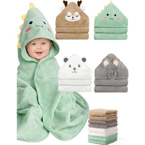 CandyHome 12 PCS Baby Bath Towels Set for Infants Toddlers, 4 PCS Animal Hooded Baby Towels & 8 PCS Washcloths Set, Ultra Absorbent Cute Soft Newborn Bath Essentials Gifts for Boys & Girls