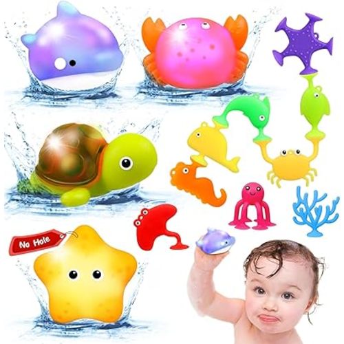 Baby Bath Toys for Kids Ages 1-3,Mold Free Silicone Suction Cup Toys for Toddlers 2-4,No Hole Light Up Ocean Animal Bathtub Sensory Toys for Babies 6-12 Months,Whale Floating Toy Gifts for Boys Girls