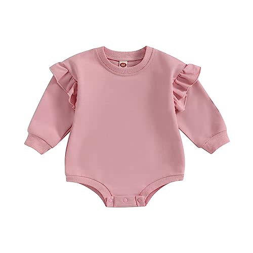 ZAXARRA Infant Toddler Baby Girl Outfits Solid Color Ruffle Long Sleeve One Piece Romper Coming Home Fall Winter Sweatshirt