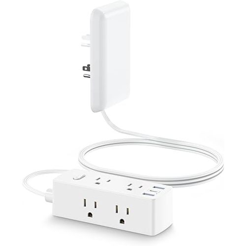 Flat Extension Cord with Outlet Cover, Flat Plug Power Strip with 6 Outlets and 3 USB Ports, 2000 Joules Surge Protector, 6 FT Cord Hidden Outlet Extender for Tight Spaces